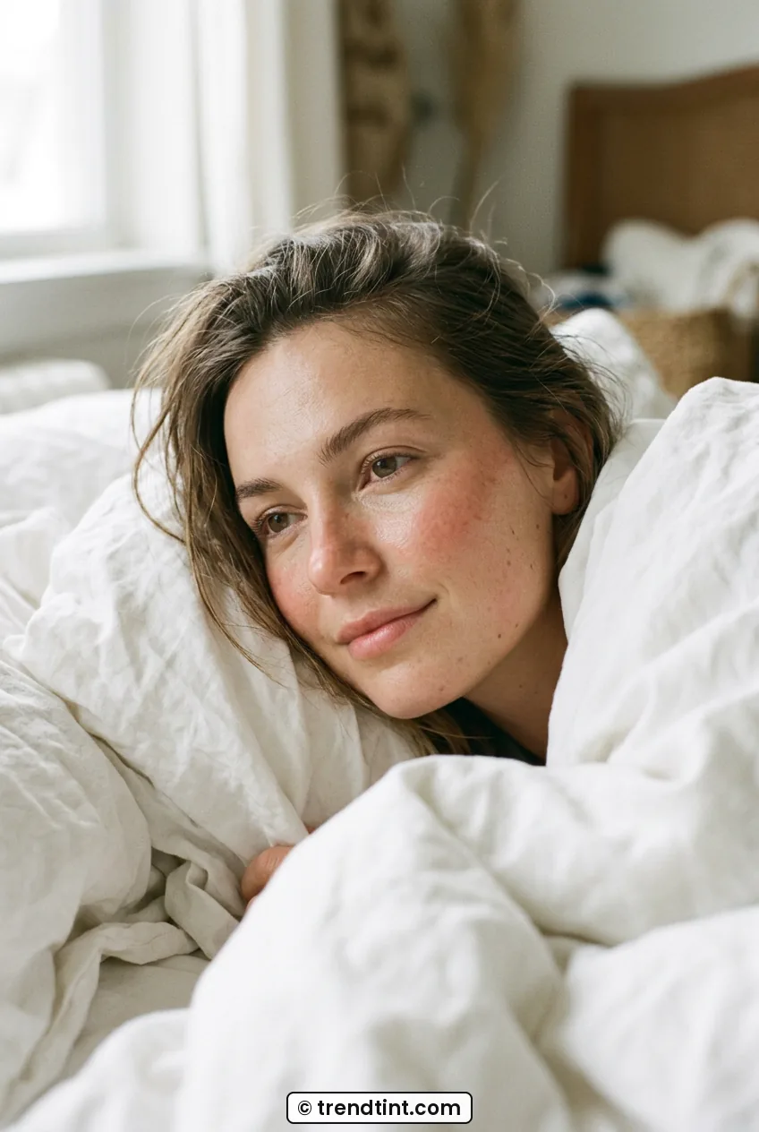 Close three-quarter view of woman in bed wearing sheer base and flushed cream blush