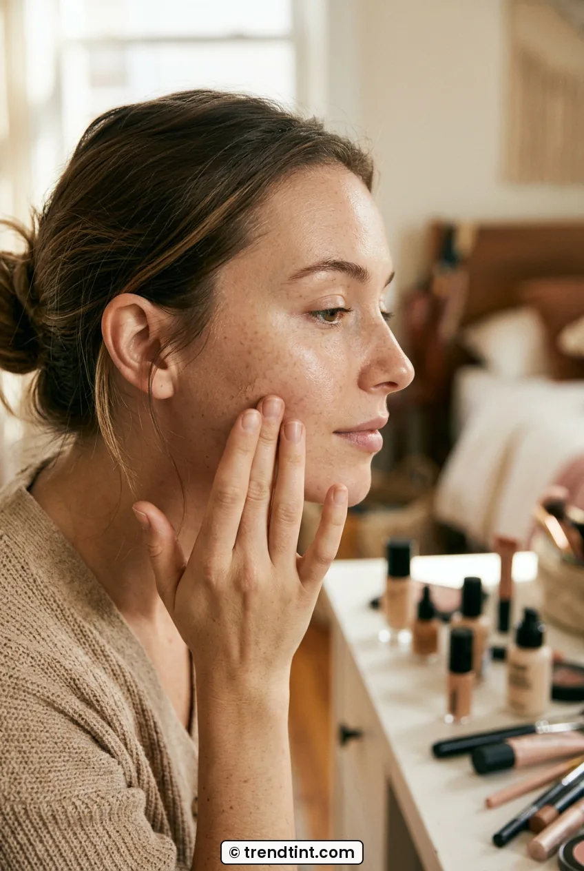 Side profile of woman blending sheer skin tint into cheek with fingertips at vanity