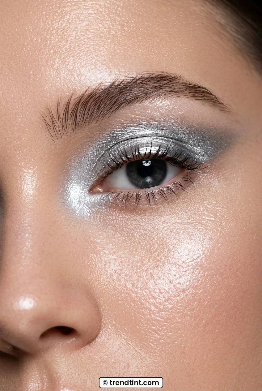 Woman with silver chrome eyeshadow and glass skin in extreme beauty close-up