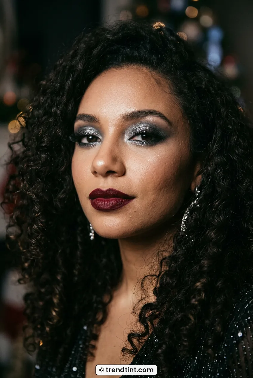 Woman with silver glitter smoky eyes and deep wine lips for New Years Eve