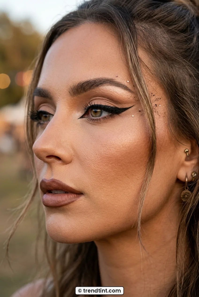 Woman with siren winged eyeliner and sculpted bronze cheeks in side angle
