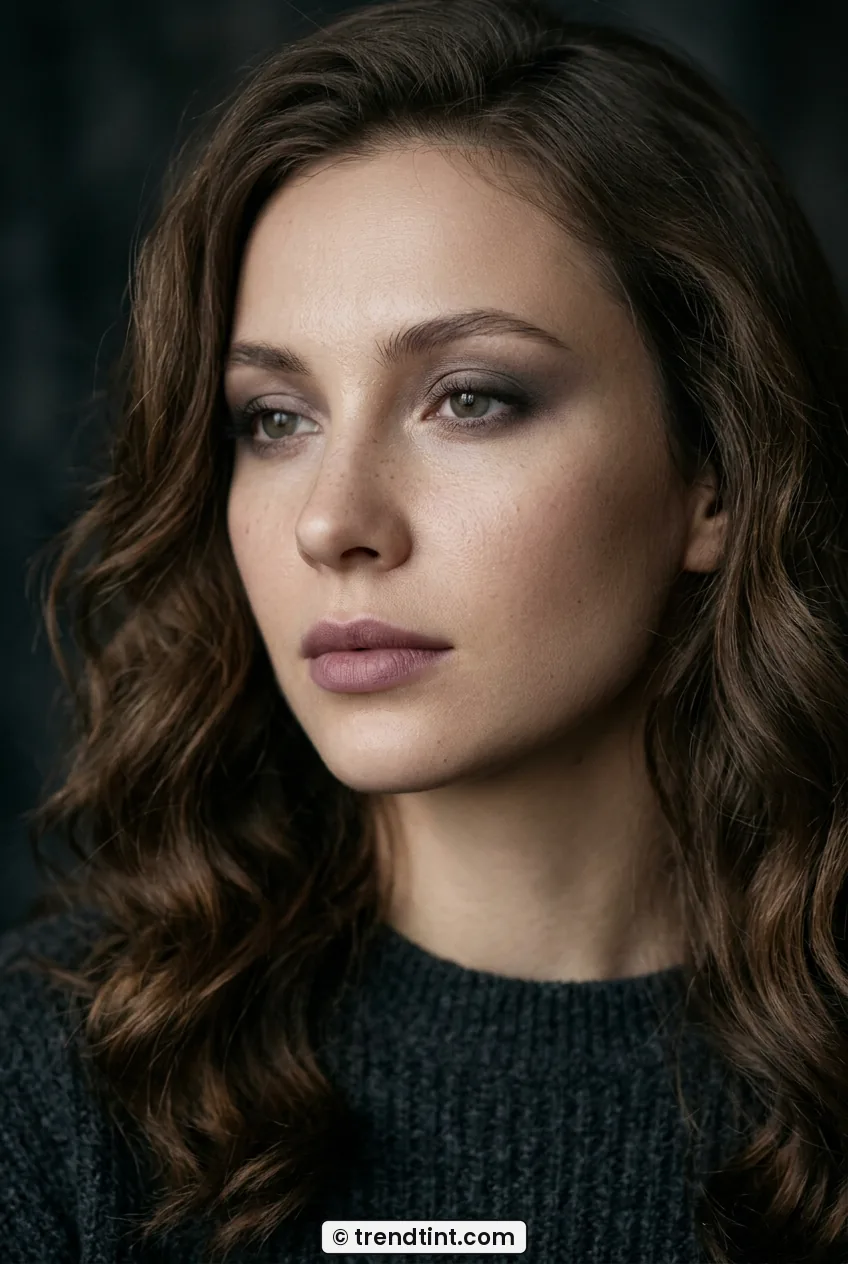 Woman with soft waves wearing diffused taupe smoky eyes and mauve lips in shadows