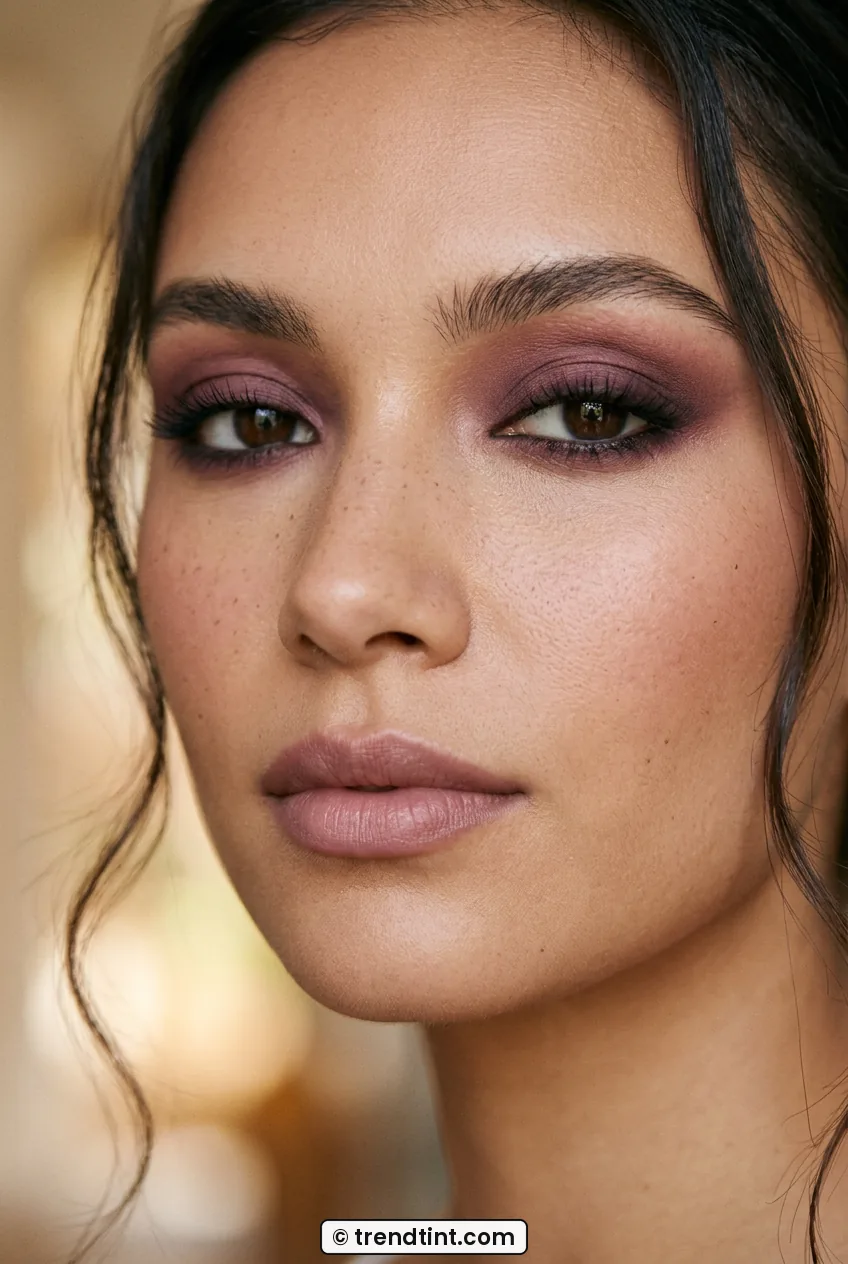 Woman with smoky plum eyeshadow and soft mauve lips in warm light