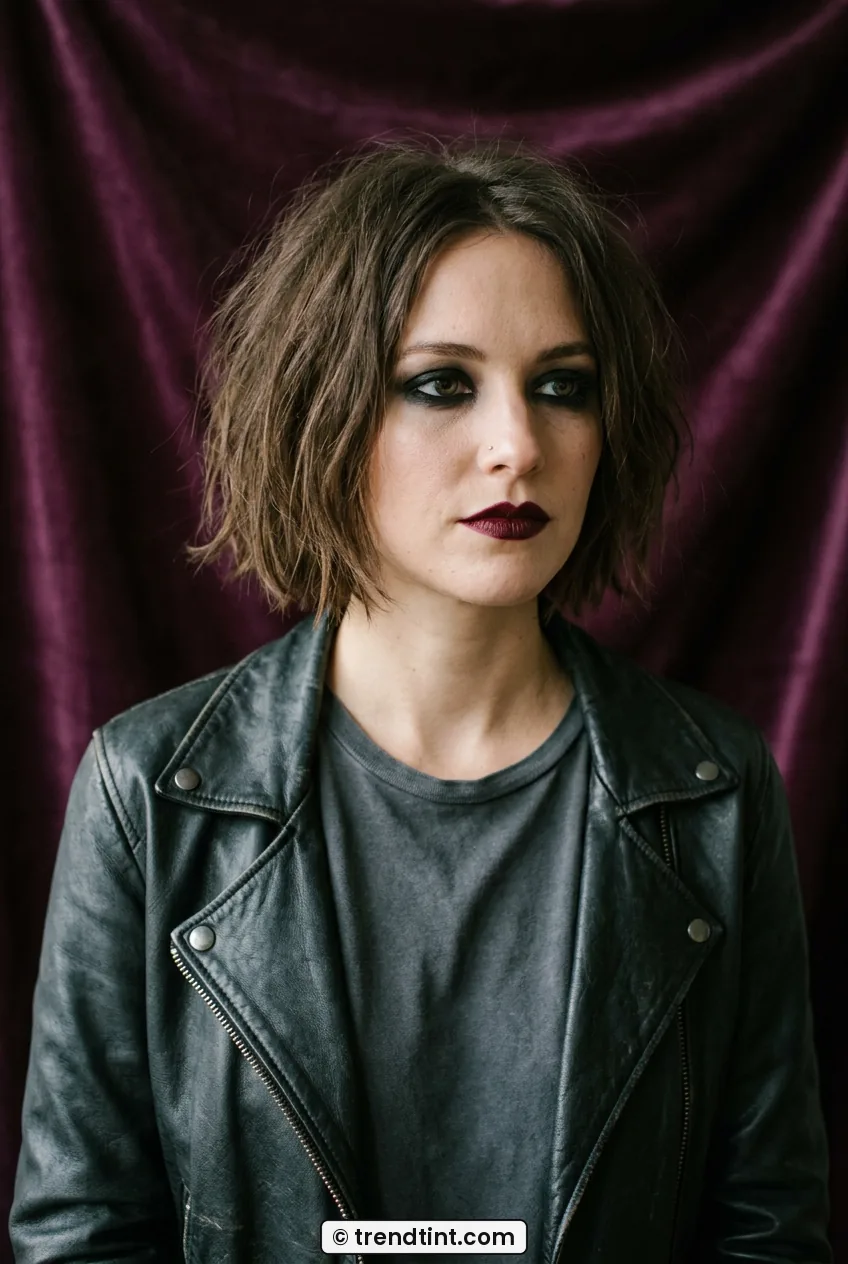 Woman with smudged kohl eyeliner and deep berry lips wearing leather jacket