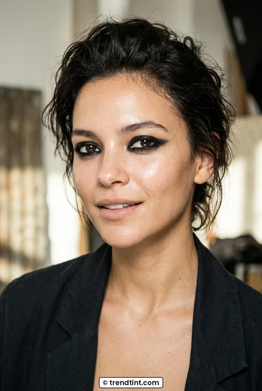 Woman with smudged black kohl liner and glowing bare skin