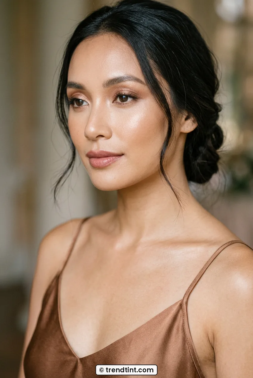 Woman with diffused bronze halo eyeshadow and glowing skin in three-quarter view