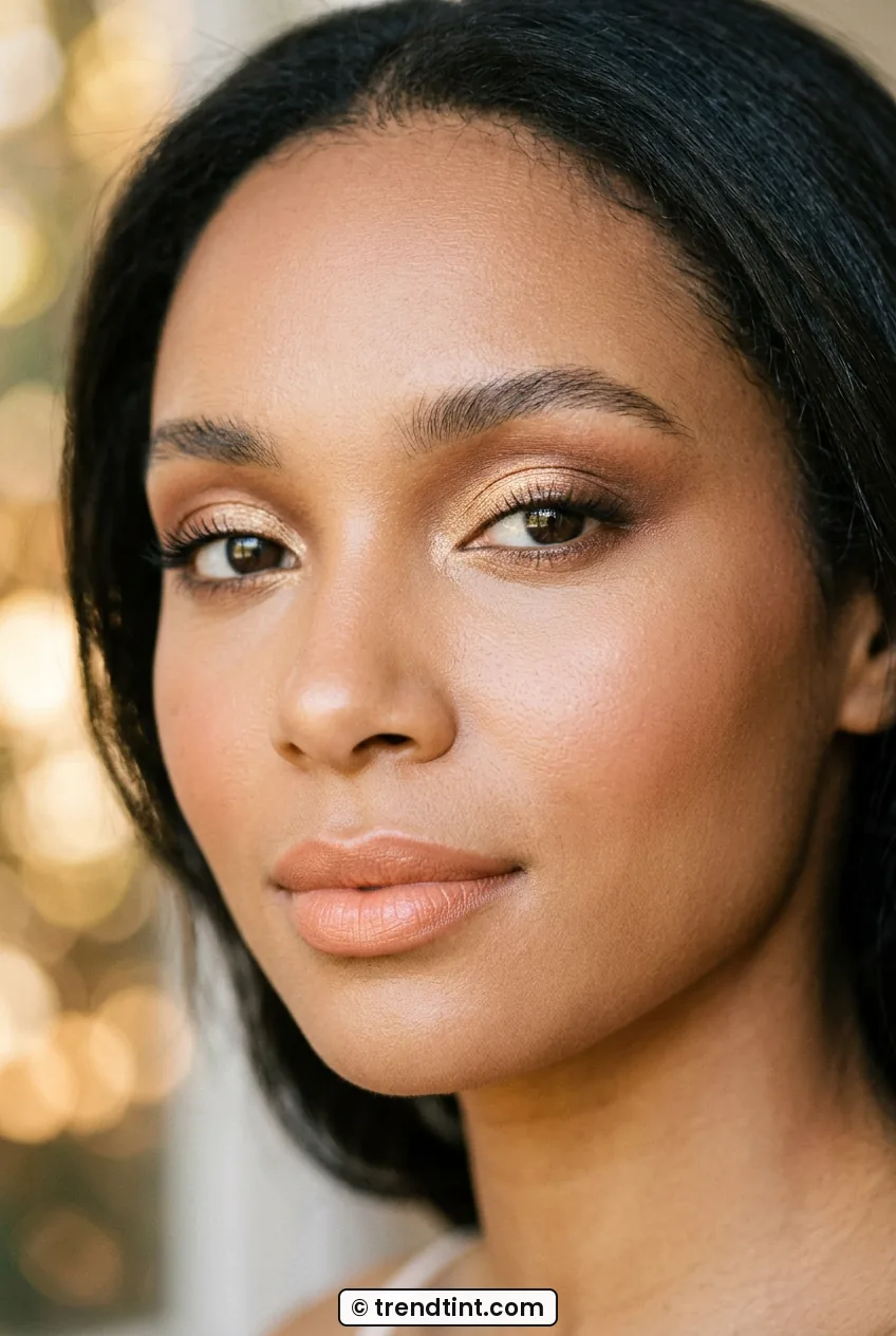 Woman with soft bronze halo eyeshadow and golden lid center in close-up portrait
