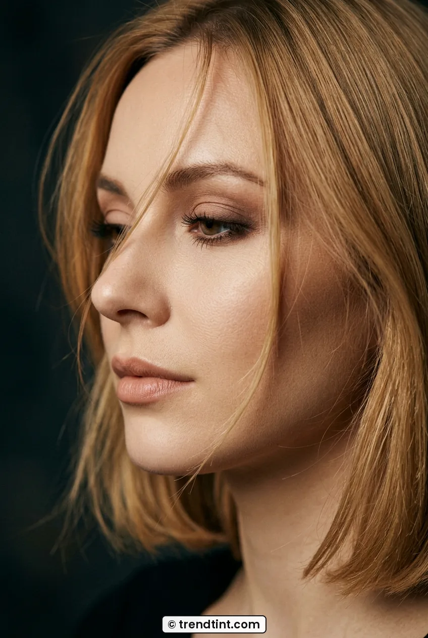 Side profile of woman with honey blonde hair wearing soft brown eyeshadow and nude lip