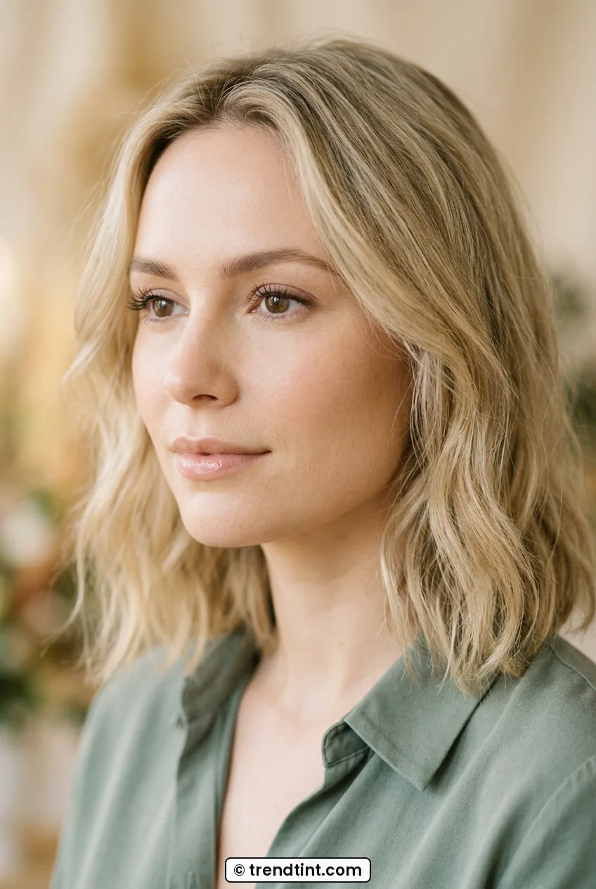 Woman with soft brown eyeliner and fluffy lashes with nude glossy lips in side profile