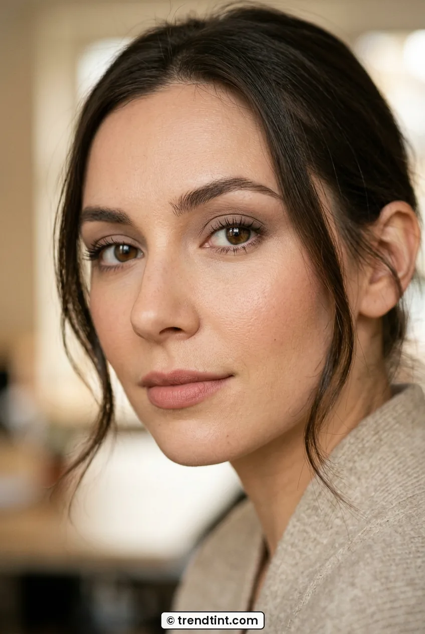 Woman with soft brown eyeliner and defined lashes in three-quarter view