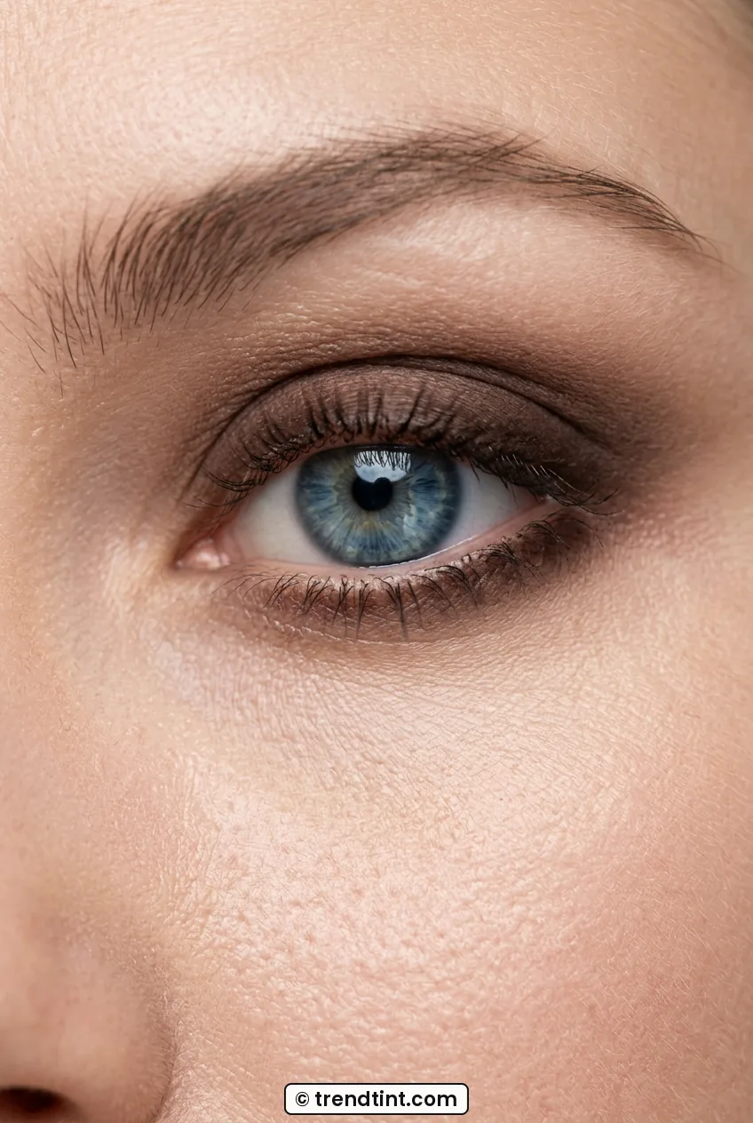 Woman blue eye close-up with soft diffused brown eyeshadow as eyeliner