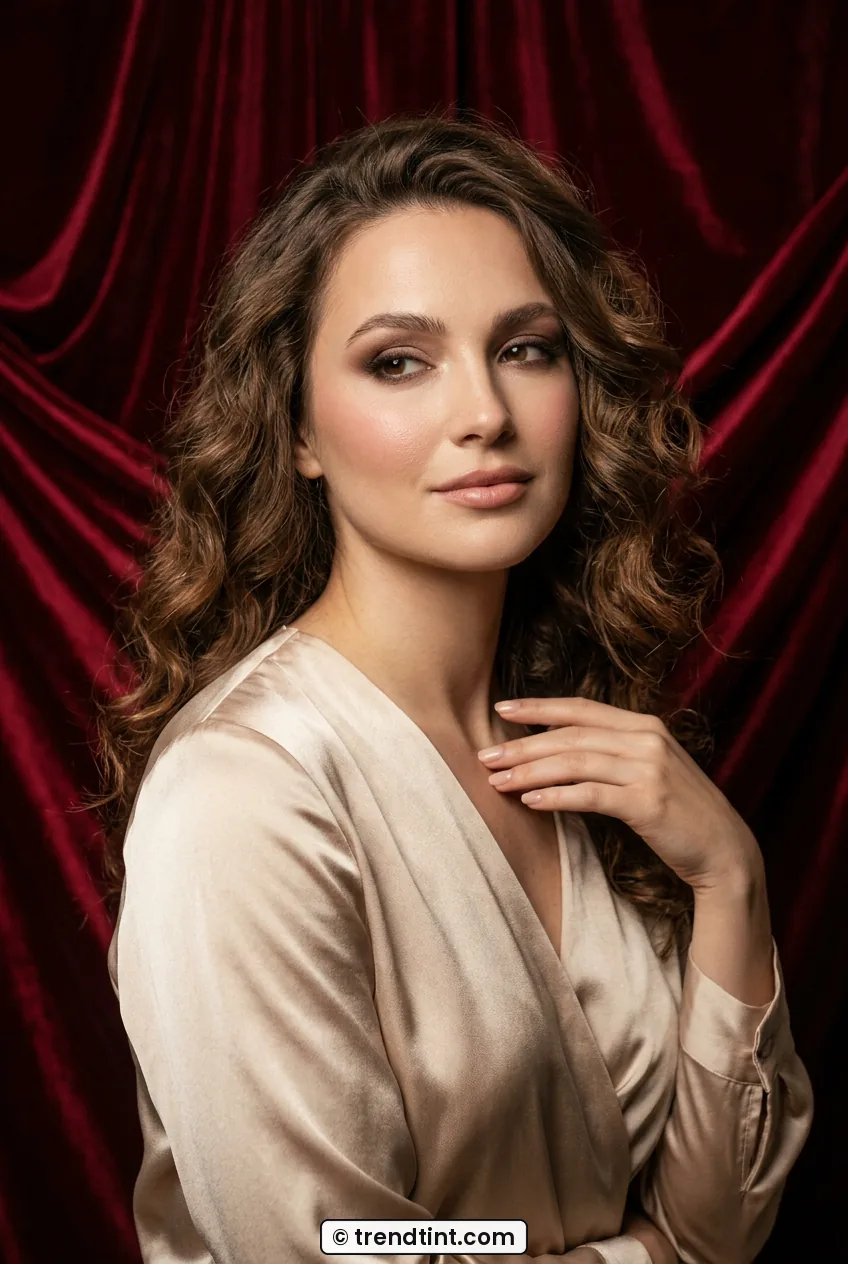 Woman with diffused brown smoky eye and nude lips wearing champagne blouse in studio