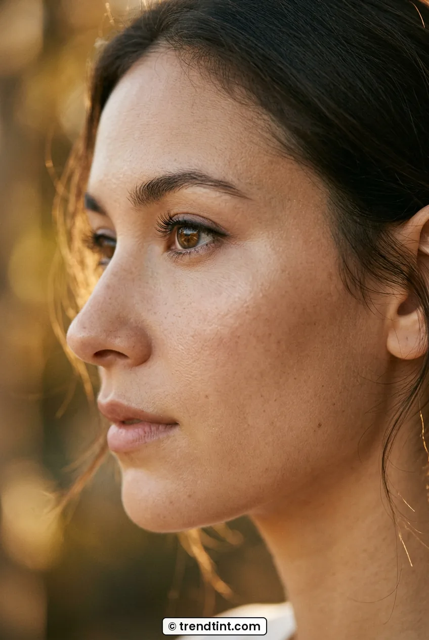 Side profile of woman with soft brown tightlined eyes and full lashes