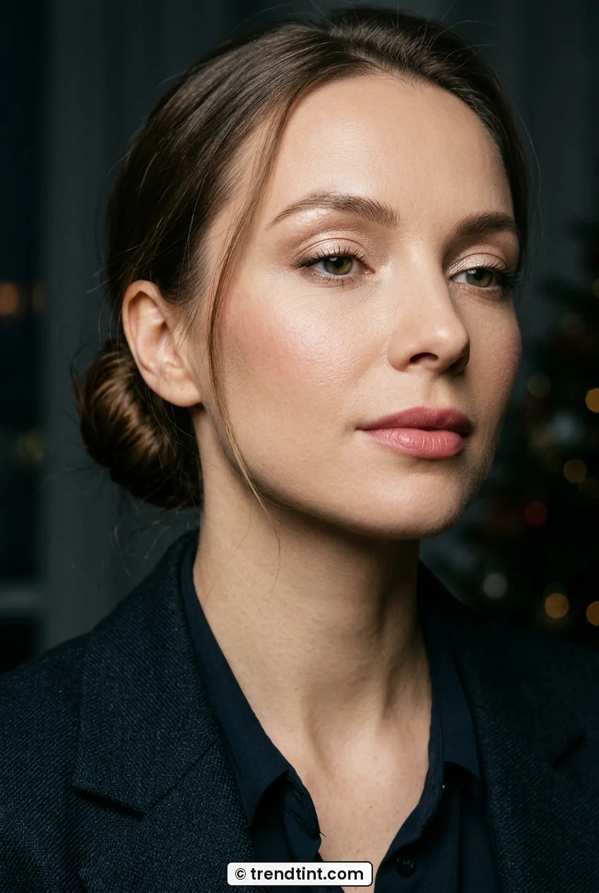 Woman with soft champagne eyeshadow and rose lips in office-ready festive look