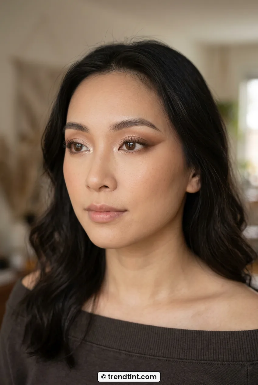 Close three-quarter view of woman with soft bronze foxy eyeshadow and lifted shape