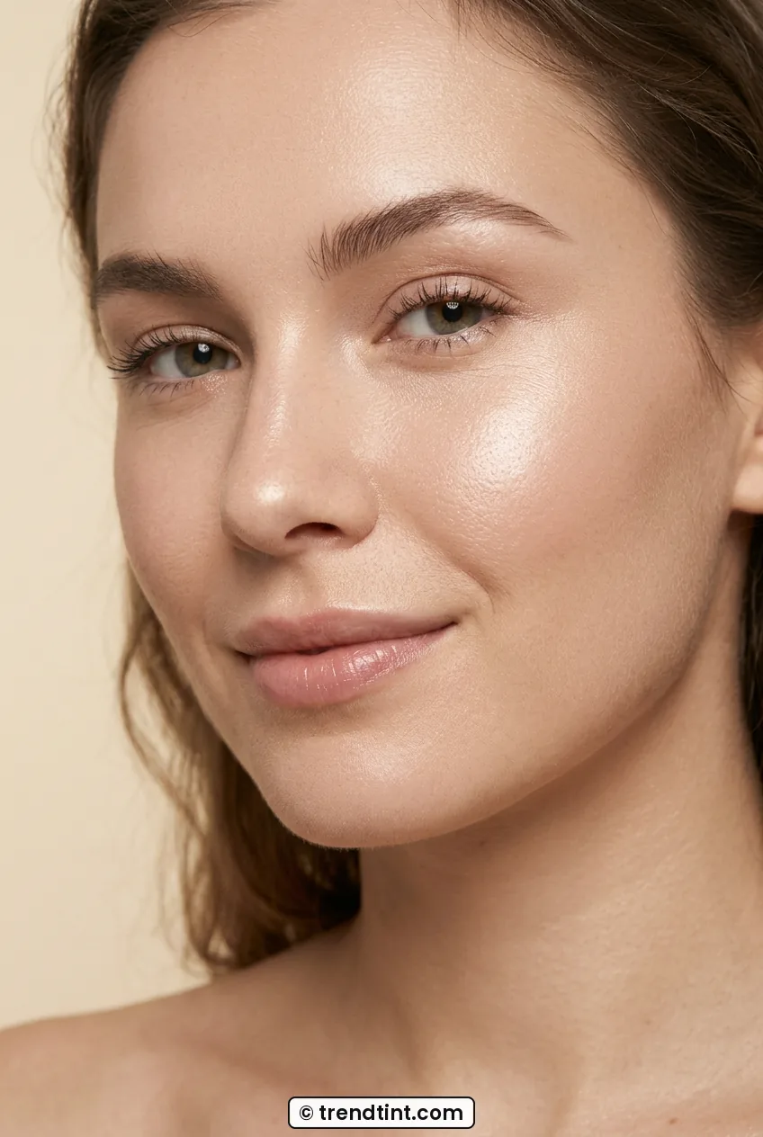 Woman with champagne pearl highlighter glowing on cheekbones and fresh dewy skin