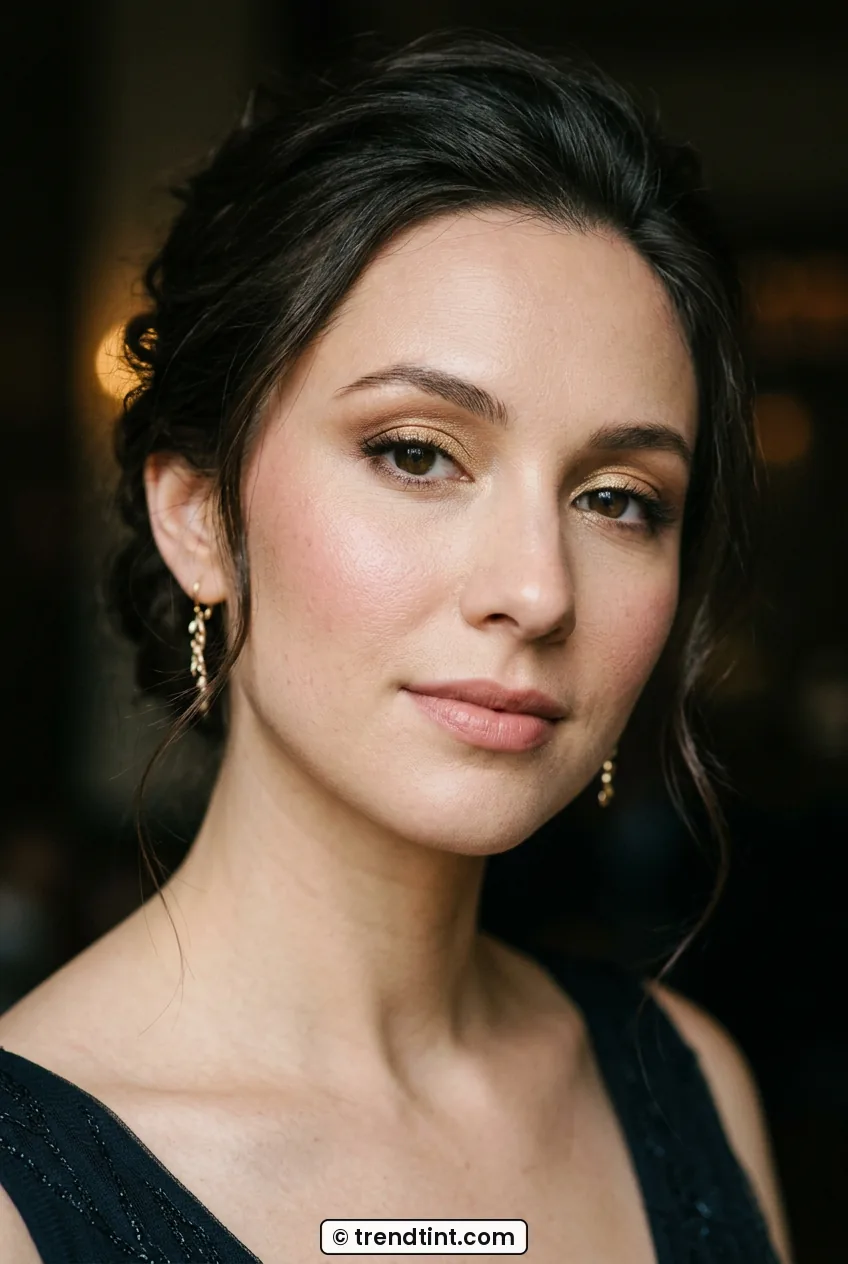 Woman with soft gold eyeshadow and rosy nude lips with elegant updo