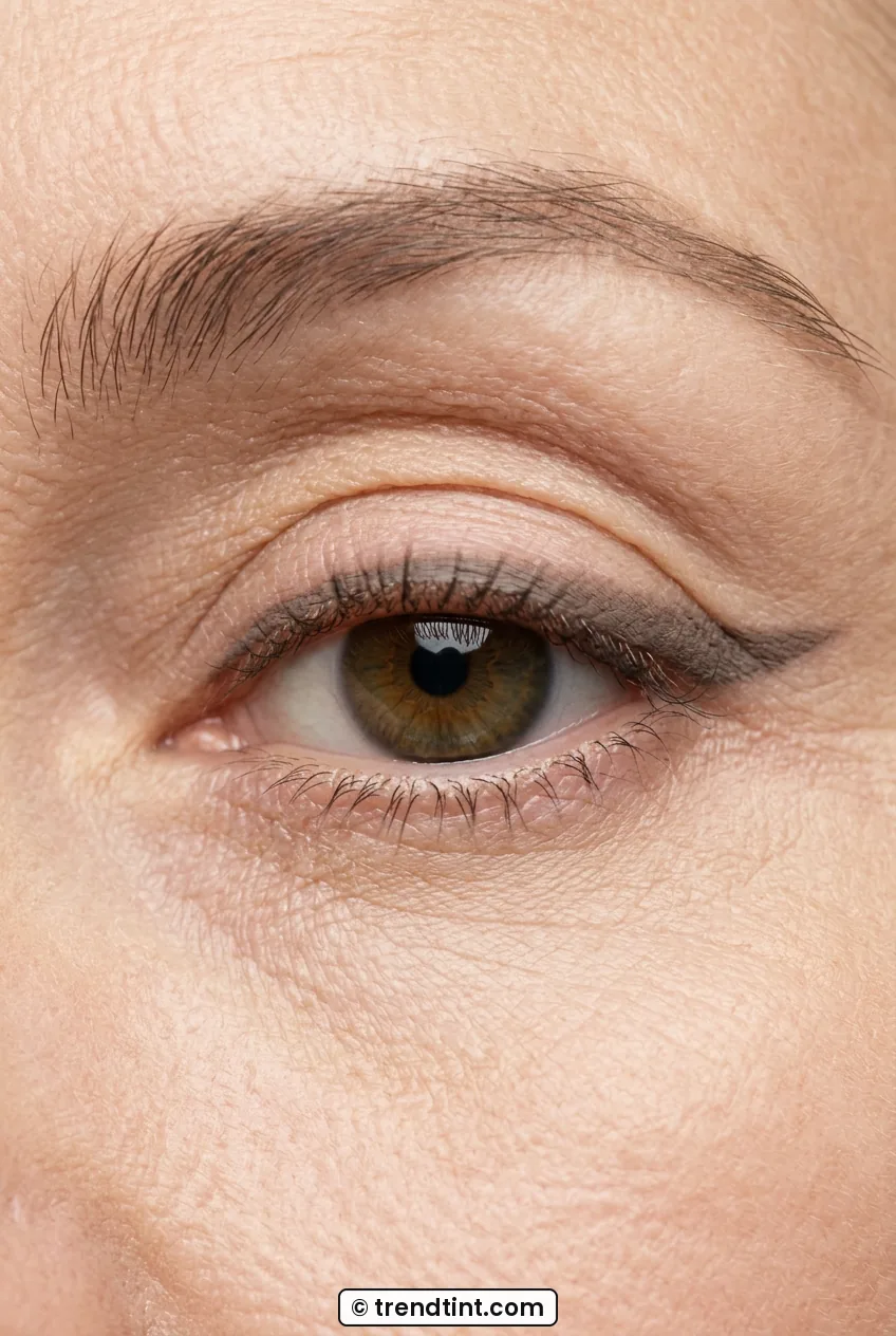 Mature woman eye close-up with soft lifted gray brown liner and blended edge