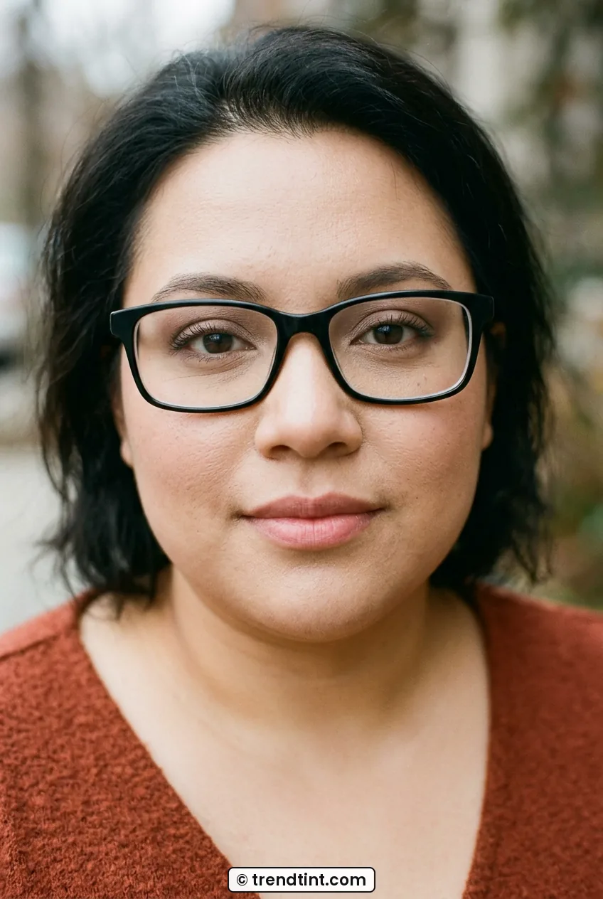 Front view of woman with glasses showing soft matte eyeshadow and defined lashes