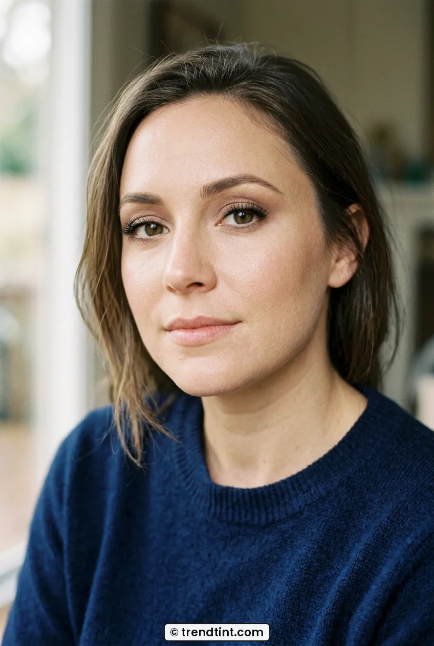 Woman with soft defined eyes and luminous skin in natural light