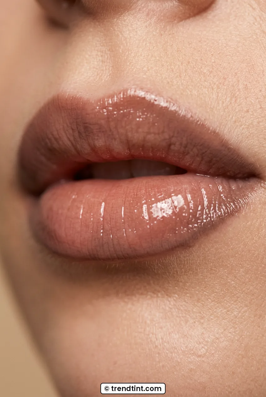 Close-up of woman lips wearing sheer mocha gloss over soft brown liner