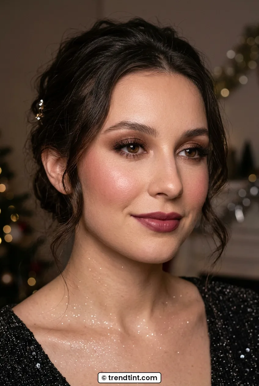 Woman with soft romantic glam featuring rosy cheeks and shimmery brown eyes