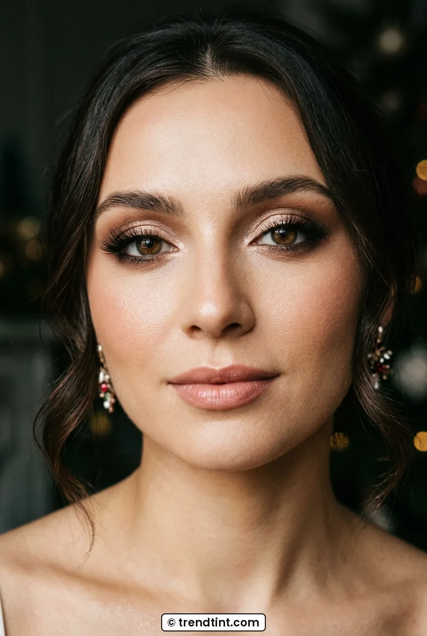 Woman with soft brown smoky eye and champagne shimmer in tight crop