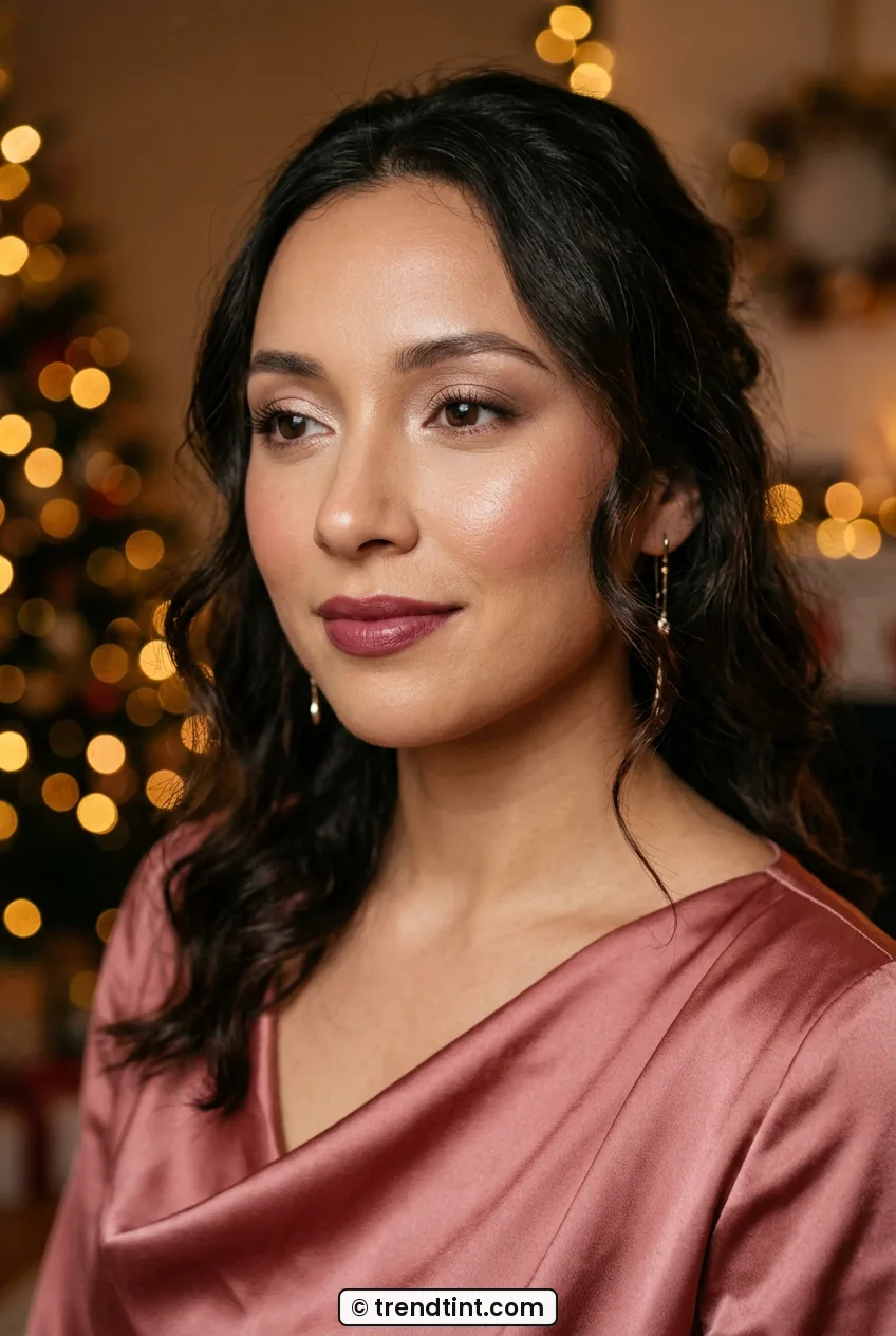 Woman with warm taupe eyeshadow and mauve lips in rose dress