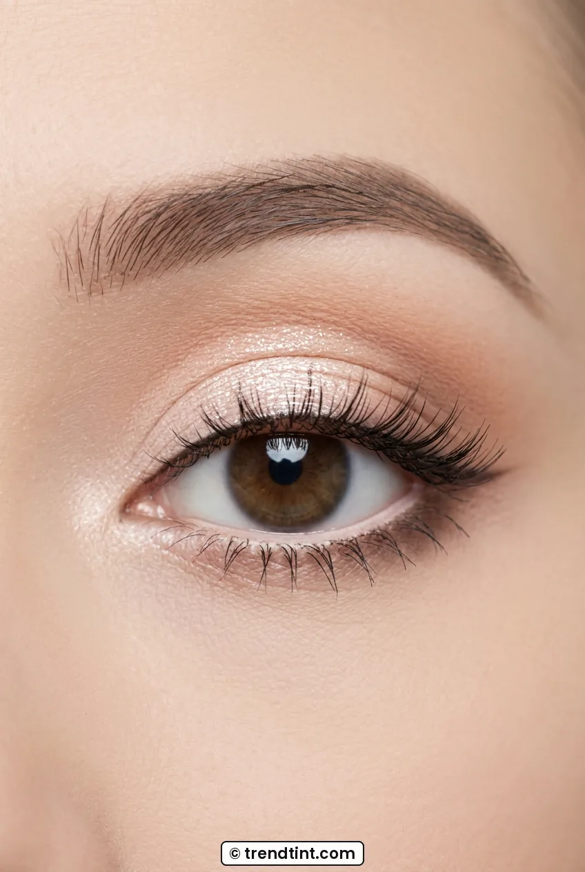 Close-up of woman eye with finished round doll eye makeup and center shimmer glow