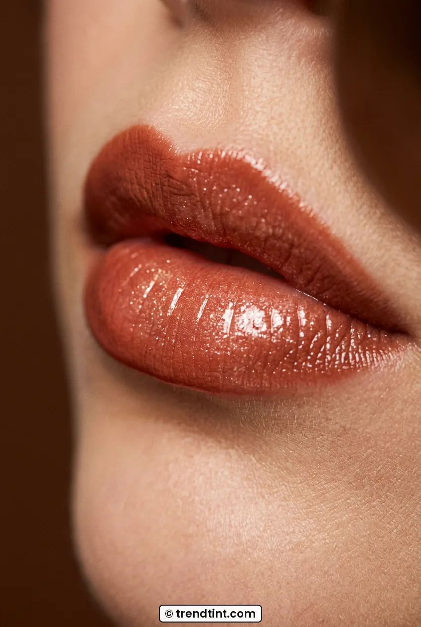 Close-up of woman lips wearing spiced cinnamon gloss with juicy center