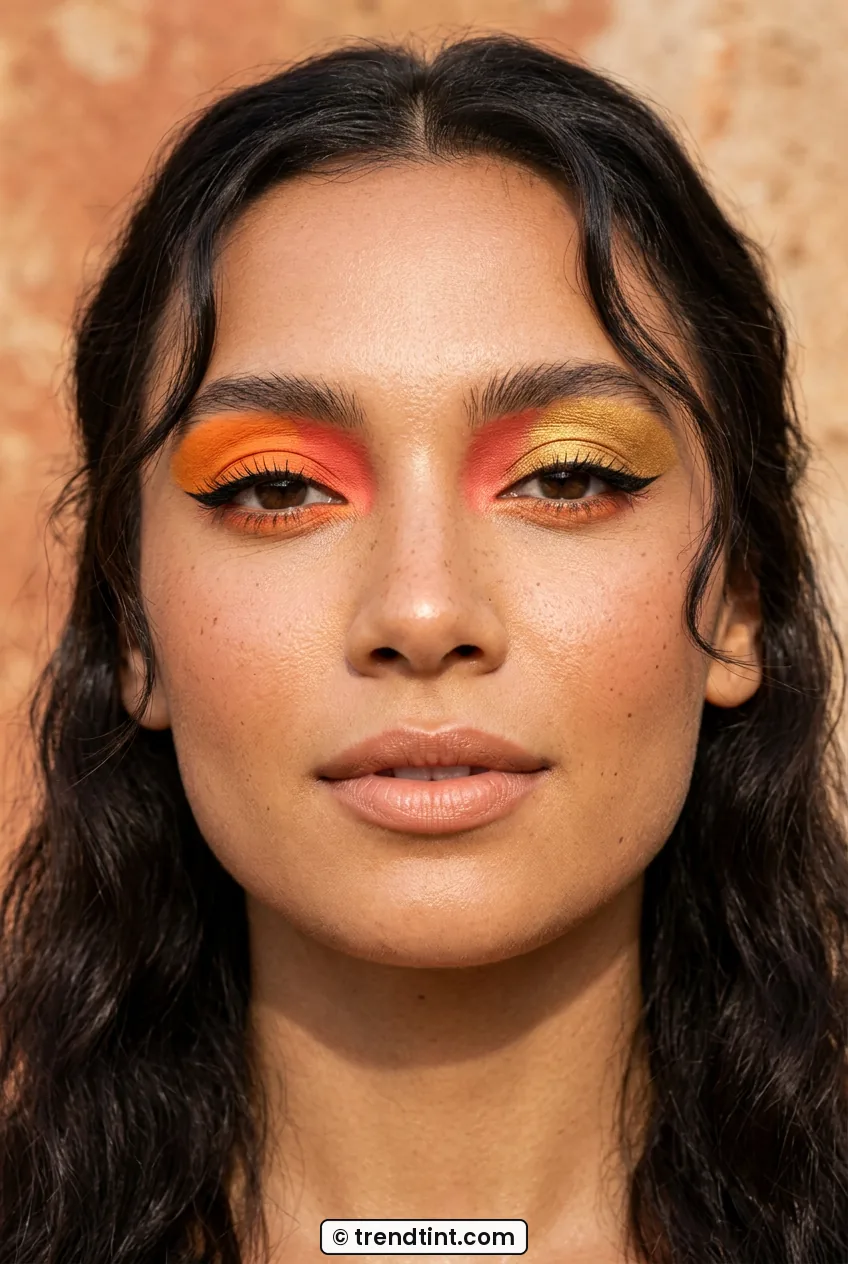 Woman with sunset tangerine and coral color-blocked eyeshadow and wing
