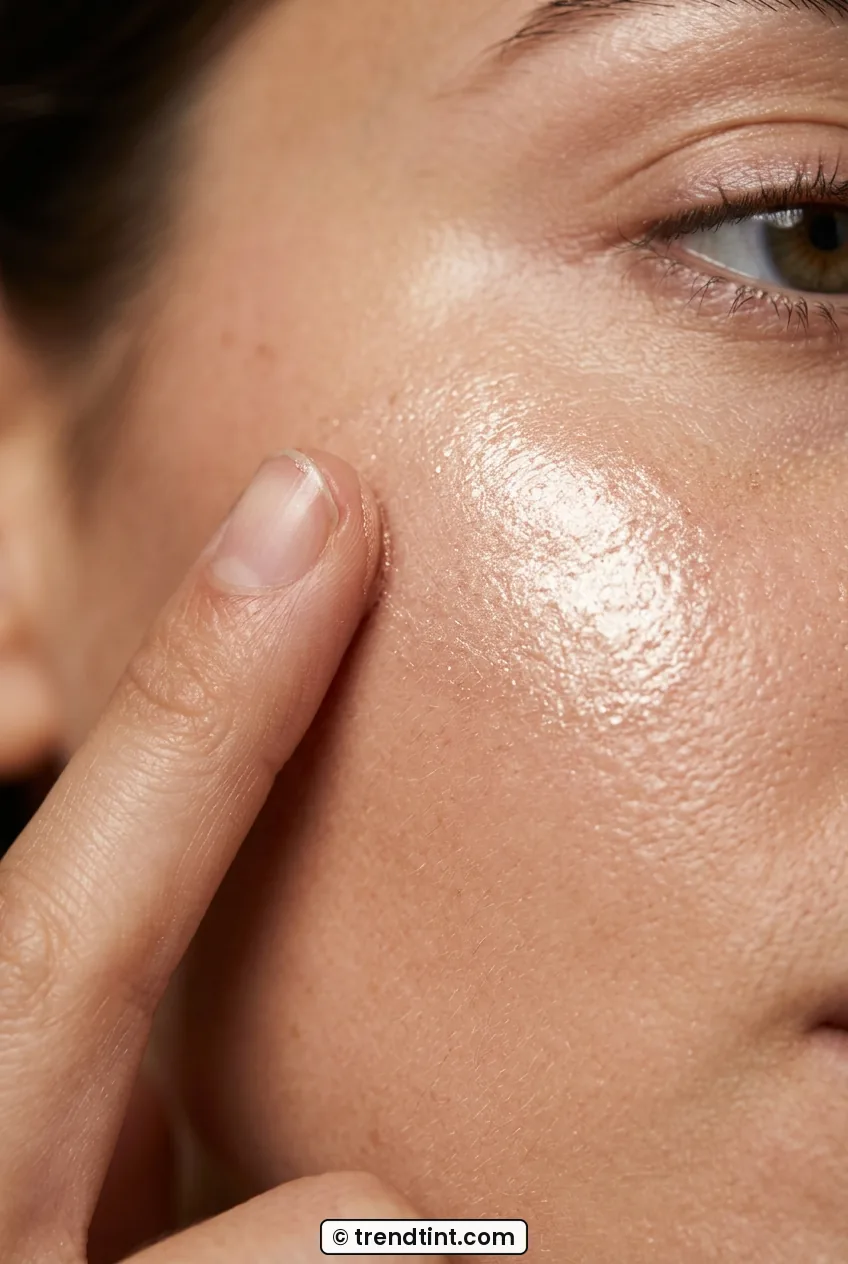 Close-up of fingertip tapping liquid highlighter onto high cheekbone with glow