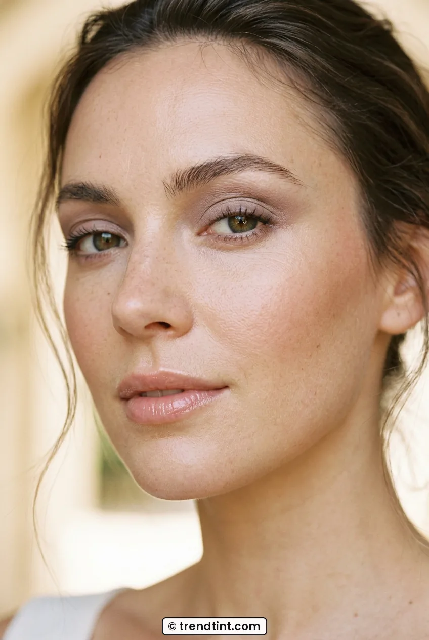 Woman with creamy taupe eyeshadow washed over eyelids in soft light