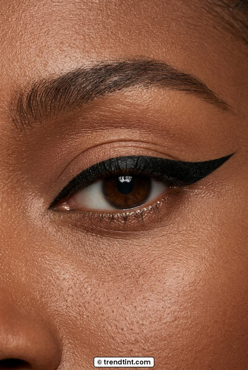 Woman eye close-up with thick bold graphic black liner and sharp flick
