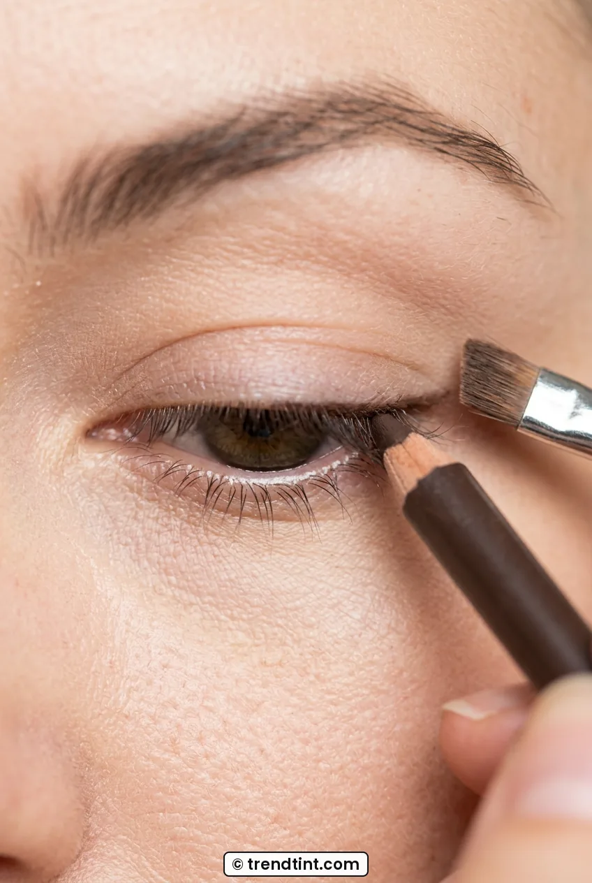 Macro view of brown pencil tightlining upper lash line on hooded eye