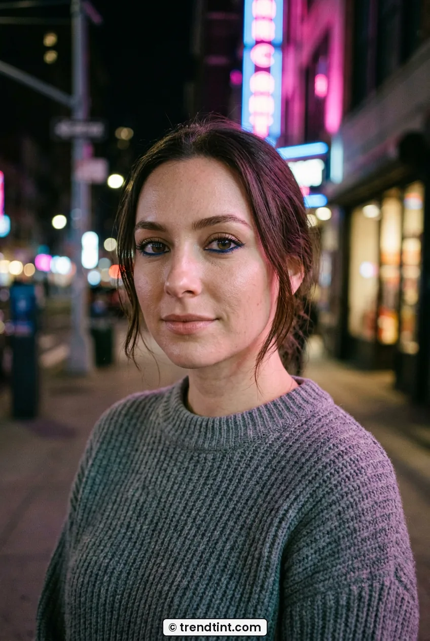 Woman in chest-up shot with tightlined navy eyeliner and soft natural skin