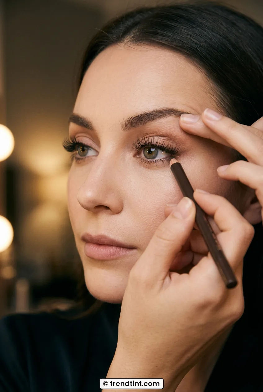 Woman tightlining upper lash line with pencil for fuller lashes