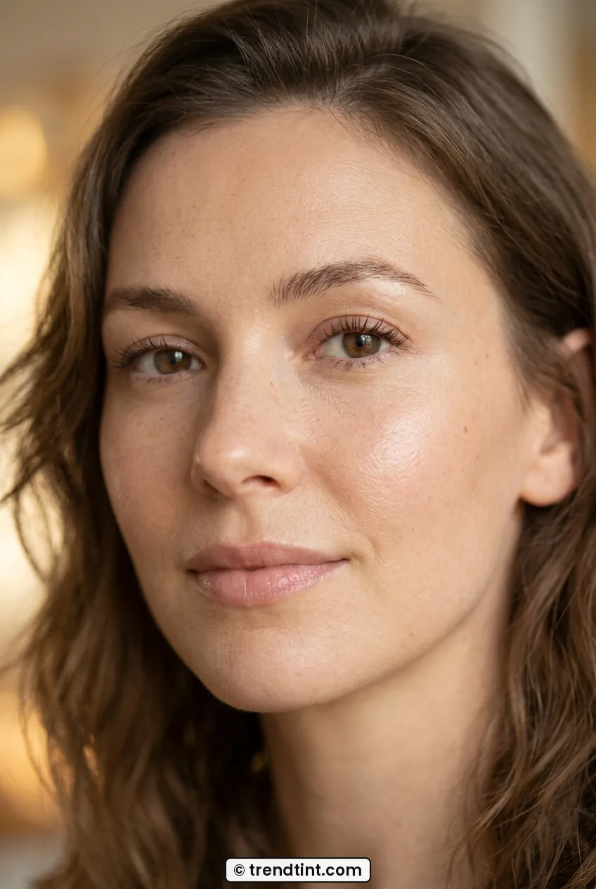 Woman with sheer tinted balm base showing natural skin-like glow