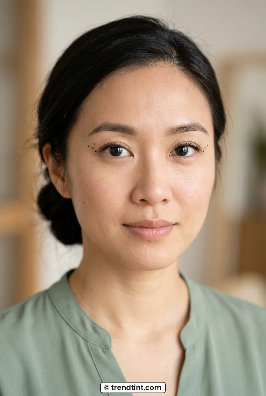 Front close portrait of woman with small liner guide dots at outer corners