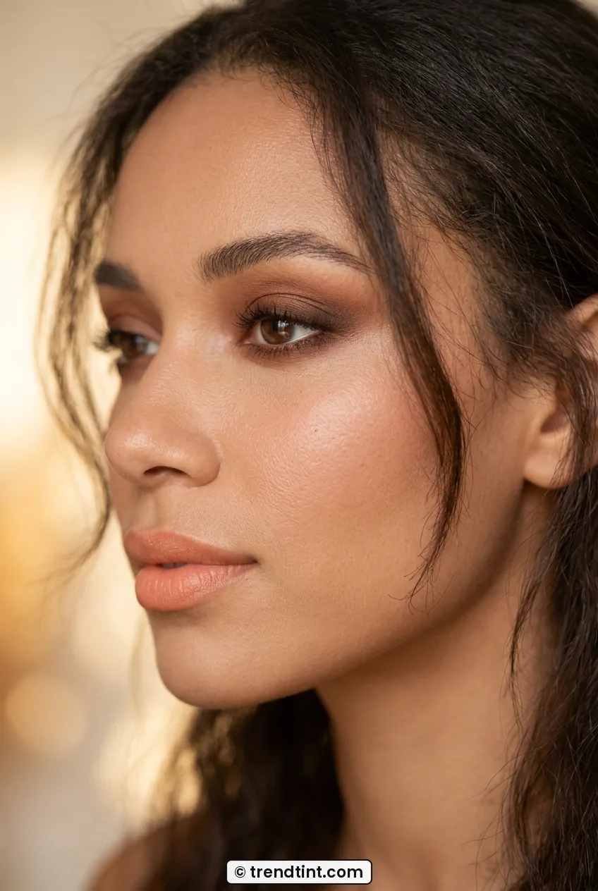 Woman with warm toasted brown smoky eye shown in side profile