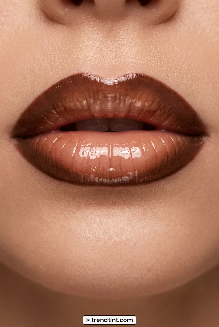 Front view of woman lips in toffee gloss framed with chocolate liner