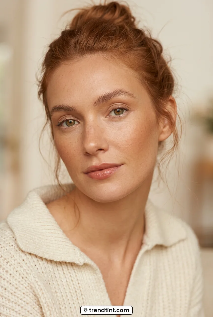 Woman with warm toasty bronzer and tinted balm wearing cozy cream sweater in soft light