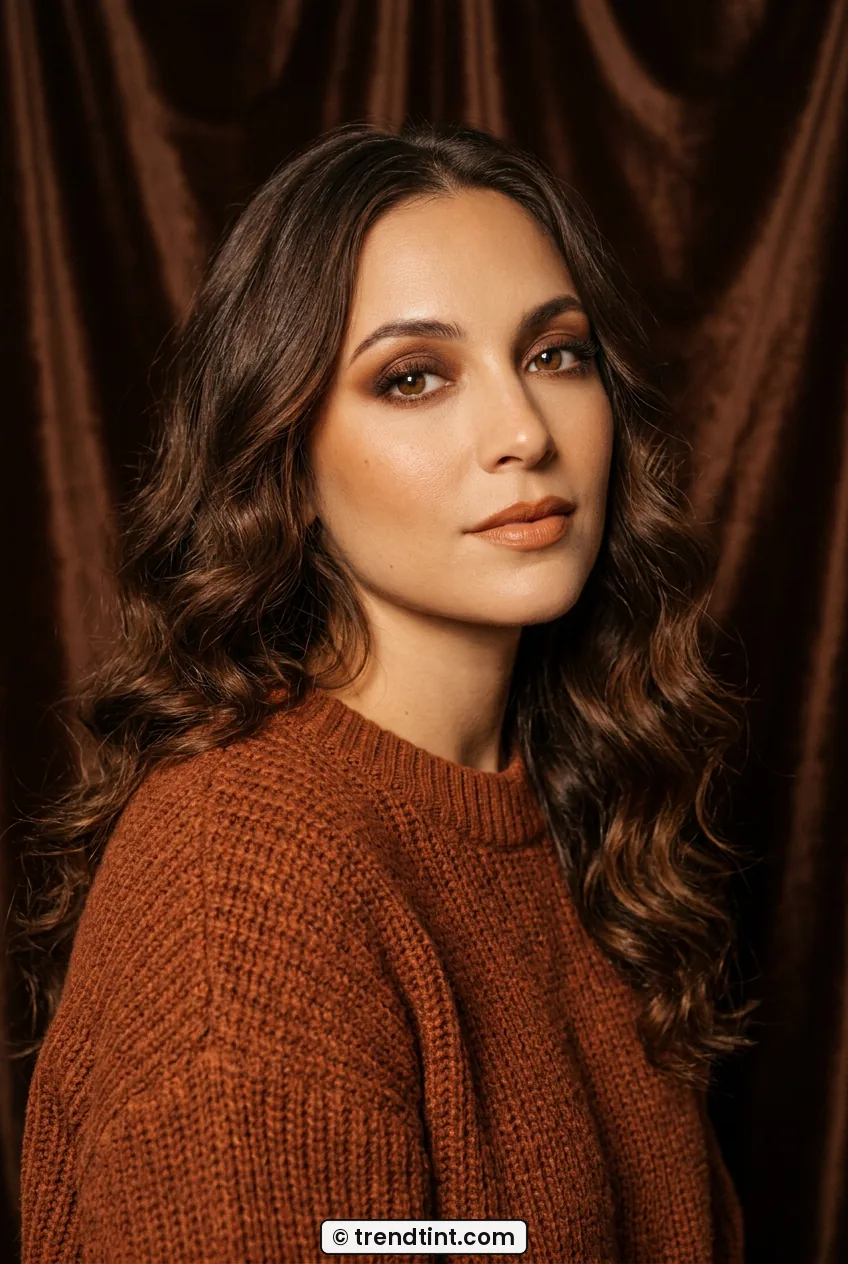 Woman with warm espresso eye makeup and caramel lips wearing rust sweater