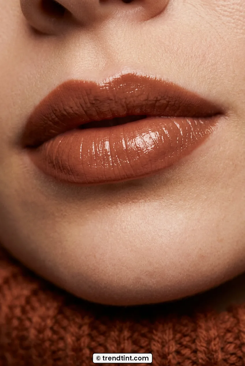 Close-up of woman with warm toffee-brown gloss in creamy rich finish