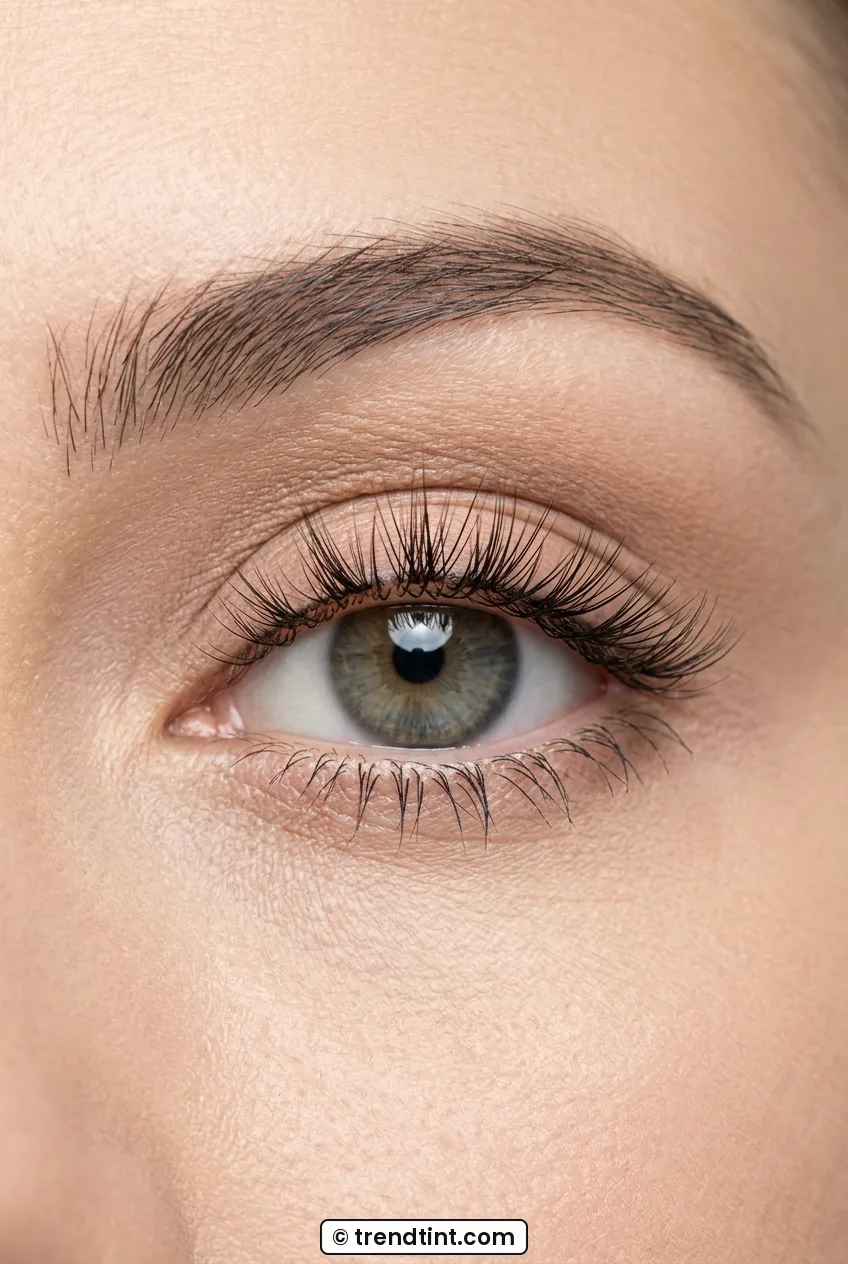 Close-up of woman eye with center lash clusters fanning upward and defined lower lashes
