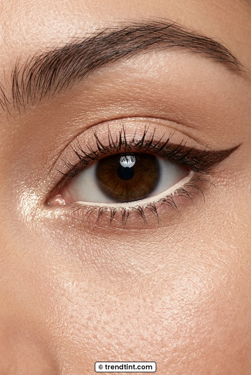 Woman eye close-up with creamy nude waterline and thin brown wing on lid