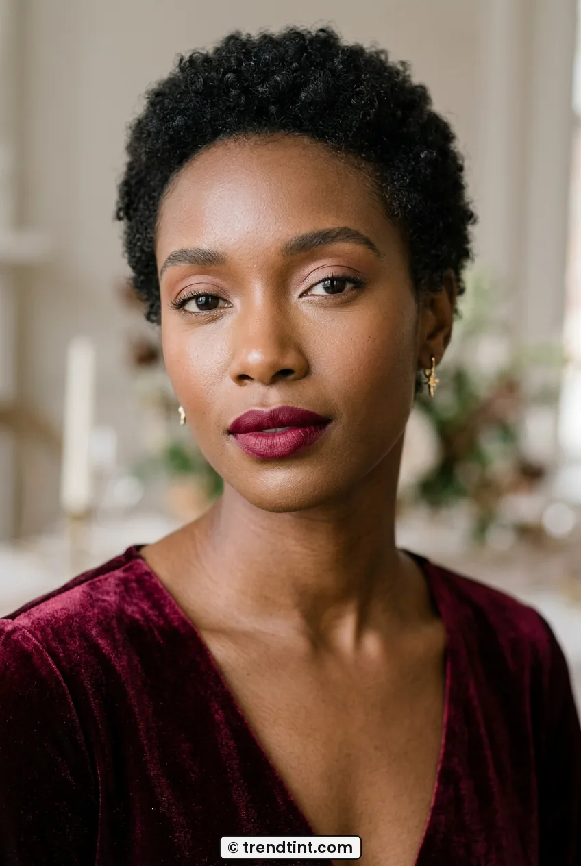 Woman with velvet berry lipstick and minimal eye makeup in close portrait