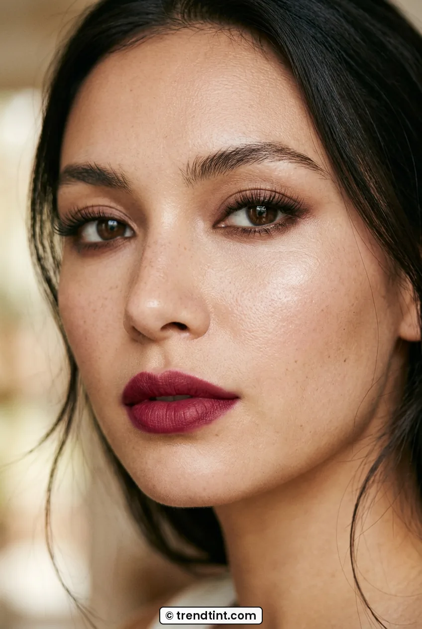 Woman with deep berry lips and softly smudged eyeliner and full lashes