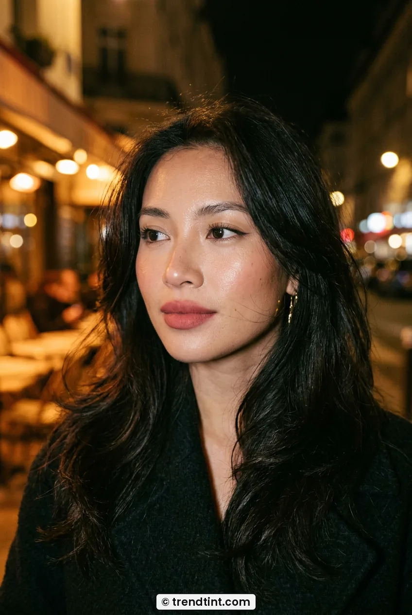 Woman with velvet rose lip and soft flush showing glowing satin skin at night