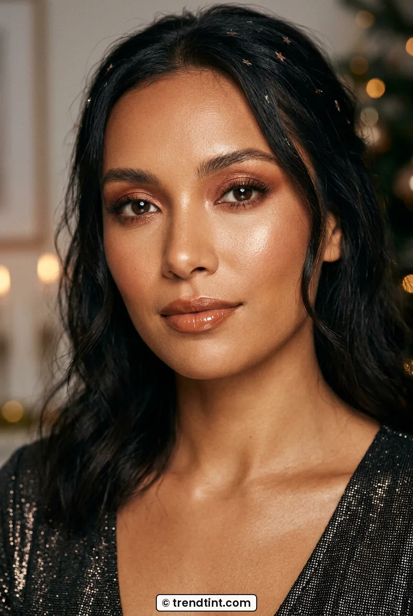 Woman with warm bronzed glow makeup featuring copper eyes and glossy lips